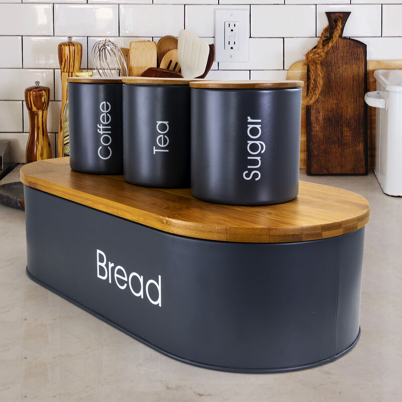 MegaChef Bamboo Kitchen Countertop 4 Piece Metal Bread Basket and Canister Set in Gray with Lids
