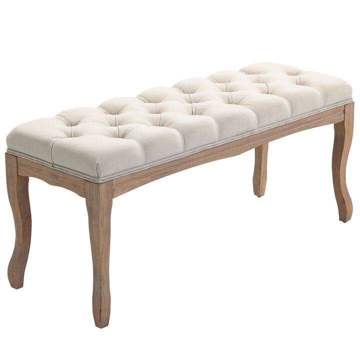 Beige Versatile Bench: 43" Linen Ottoman with Tufted Seat