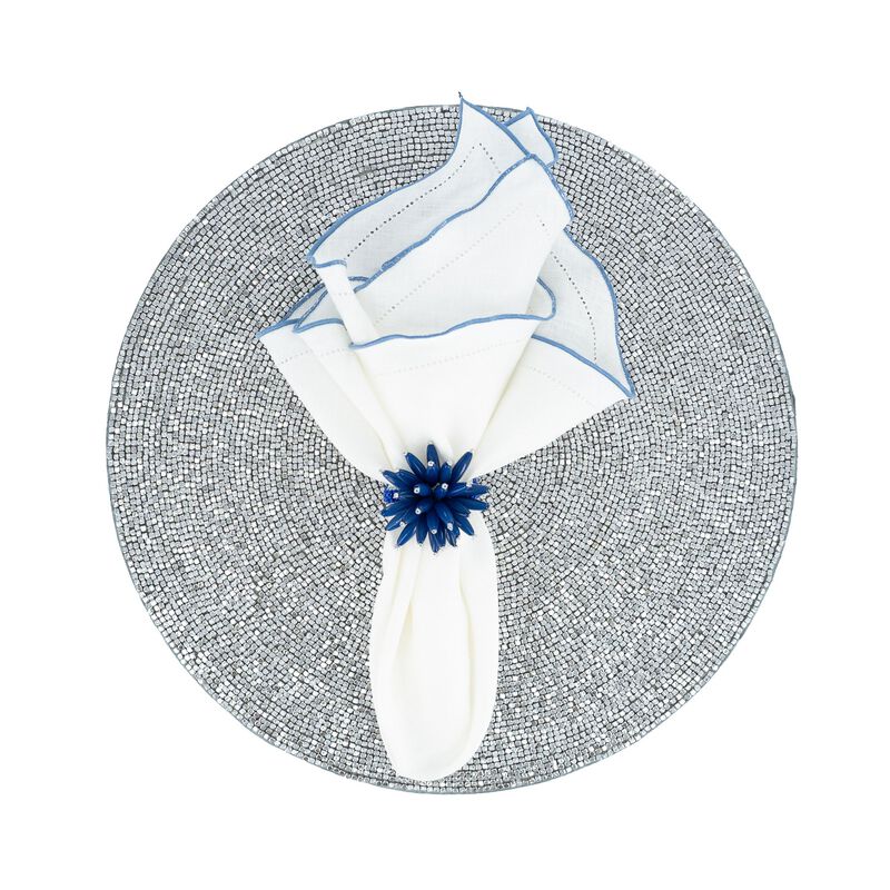 Linen Napkins With Blue Ruffled Hemstitch Edges, Set of 4