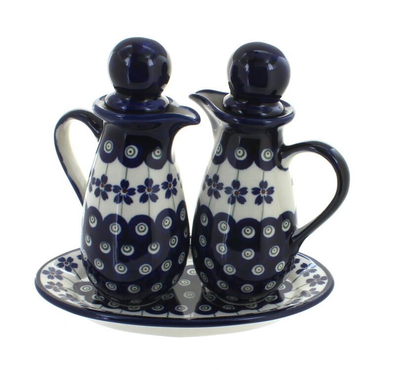 Blue Rose Polish Pottery Flowering Peacock Oil & Vinegar Set