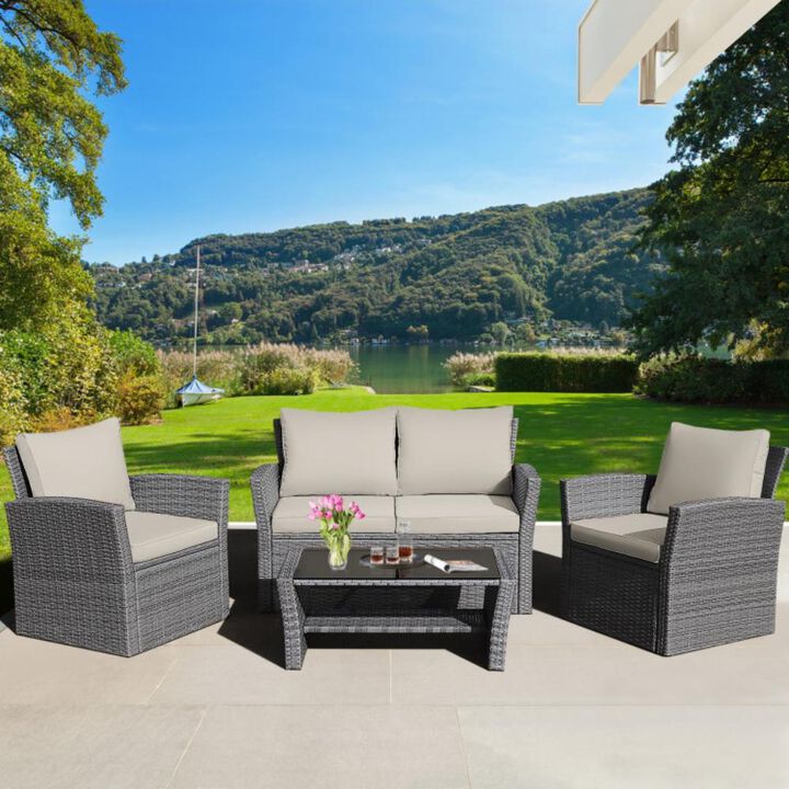 Hivvago 4 Pieces Patio Rattan Furniture Set Sofa Table with Storage Shelf Cushion