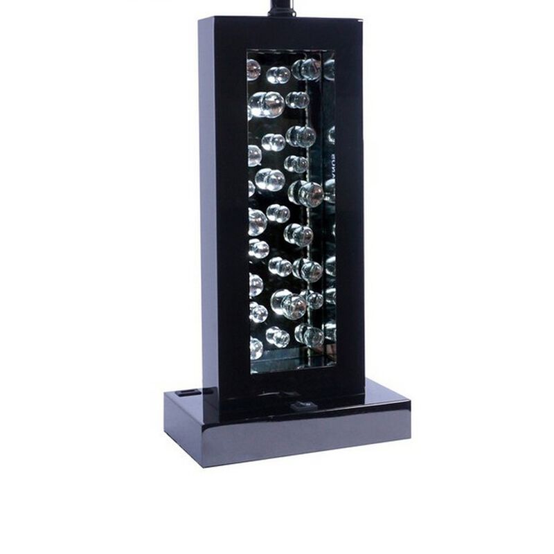 28 Inch Nickel Table Lamp, Black Fabric Shade, Glass Panel and LED Accents-Benzara