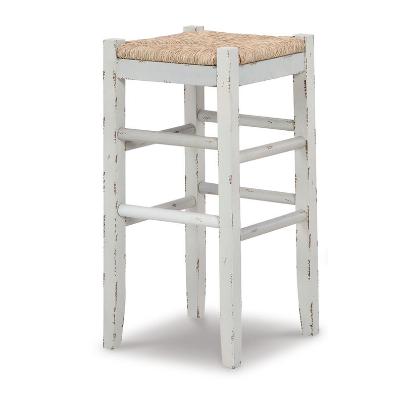 Anya Bar Height Stool Set of 2, Brown Woven Seat, 30 Inch Rustic White - Benzara