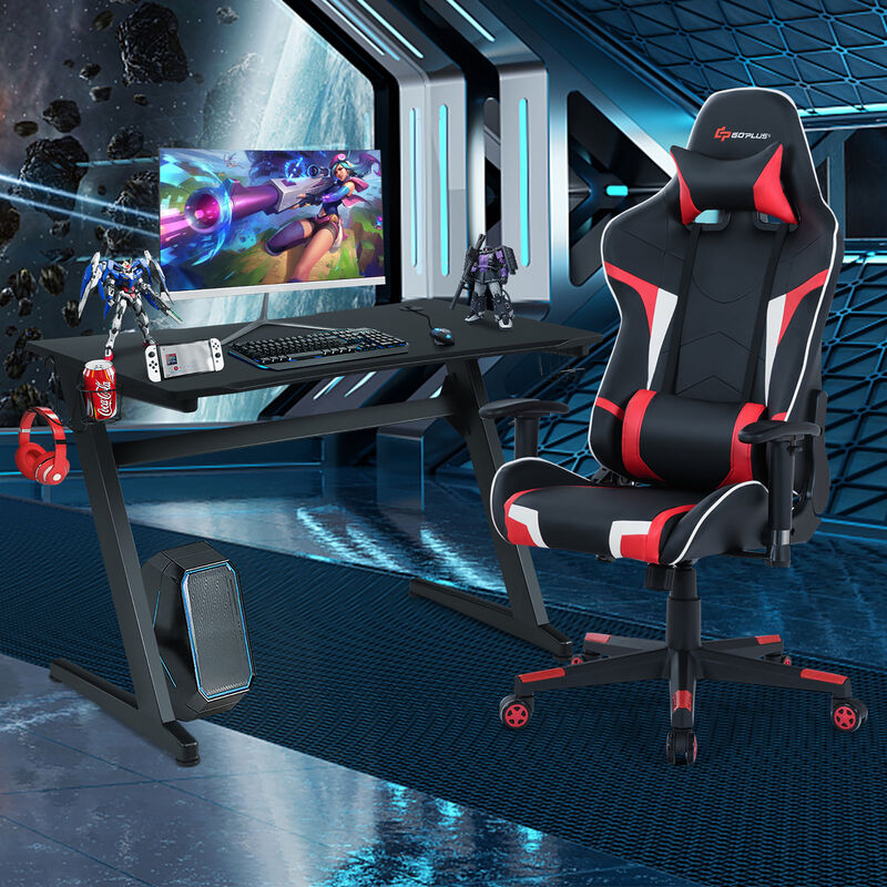 Goplus Z-Shaped Racing Style Desk &  Massage Gaming Chair Set for Home Office Blue