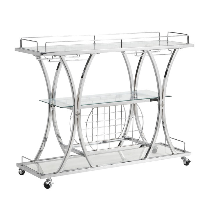Contemporary Chrome Bar Cart With Wine Rack Silver Modern Glass Metal Frame Wine Storage