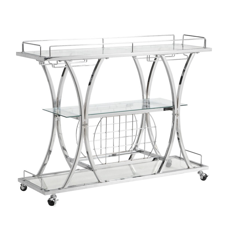 Contemporary Chrome Bar Cart With Wine Rack Silver Modern Glass Metal Frame Wine Storage