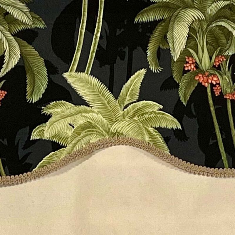 RLF Home Shadow Gimp Trim Detail Printed Palm Glory High Quality Valance 3" Rod Pocket 50" x 16" Ebony Black