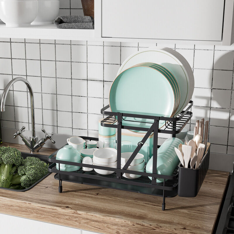 2-Tier Collapsible Dish Rack with Removable Drip Tray for Kitchen Organization and Drying