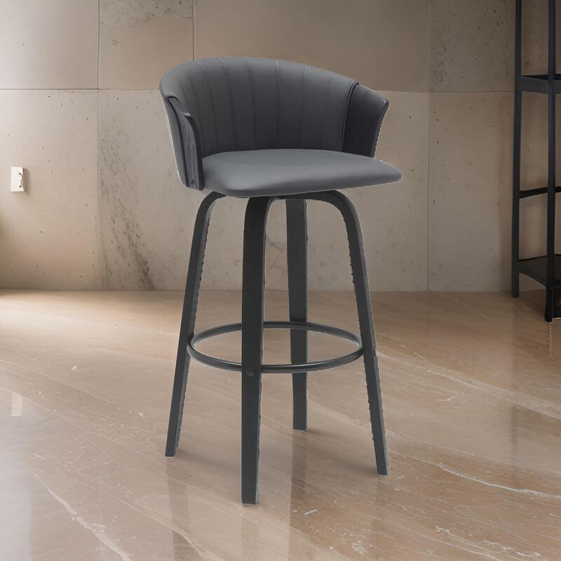 Oja 30 Inch Swivel Barstool Chair, Faux Leather, Curved Back, Black Wood - Benzara