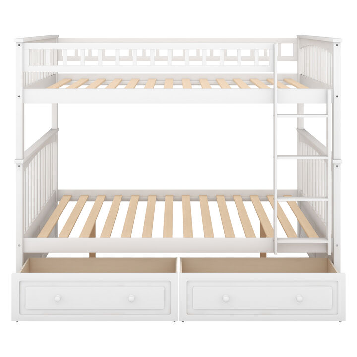Full Over Full Bunk Bed With Drawers, Convertible Beds, White