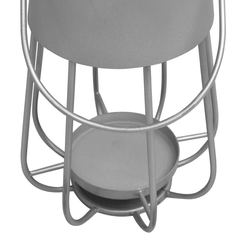 Ambient 12 Inch Vintage Style Iron Candle Stand Lantern, Sleek Curved Handle, Metallic Silver-Benzara