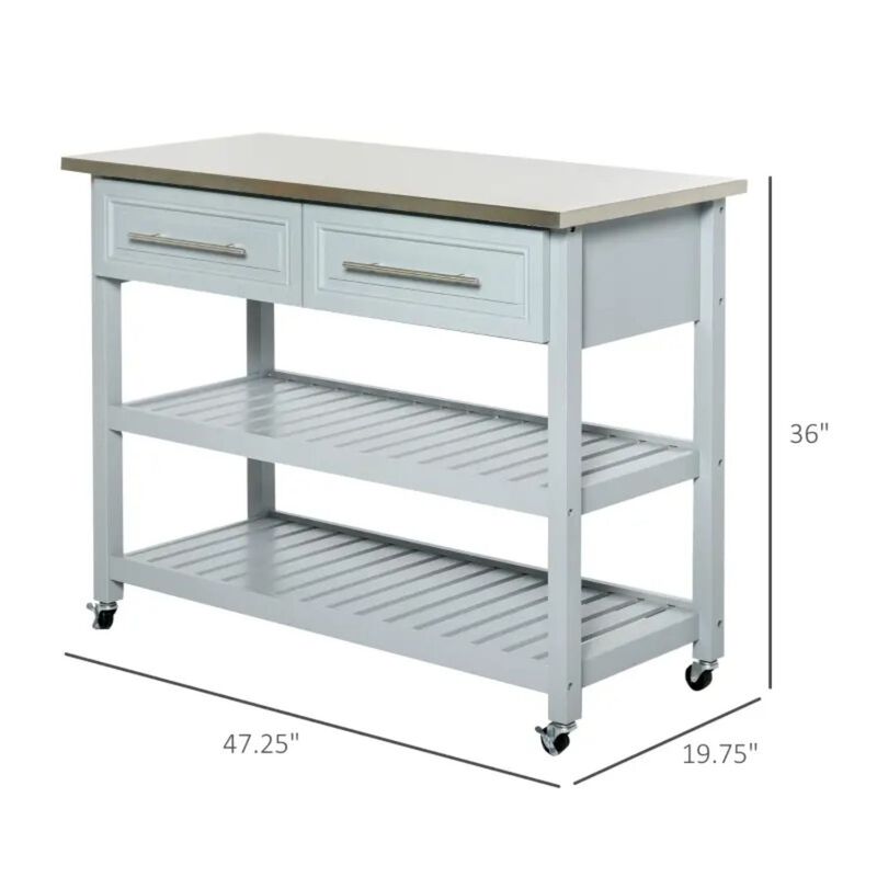 Hivvago Light Gray Rolling Kitchen Island 2 Drawers Storage with Stainless Steel Top