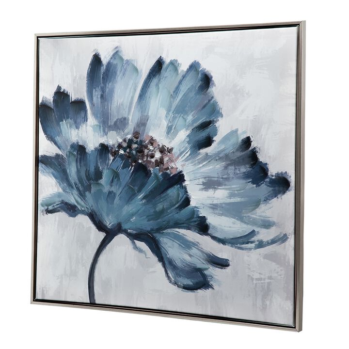 30 x 30 Embellished Handpainted Floral Canvas Wall Art, Blue and White - Benzara