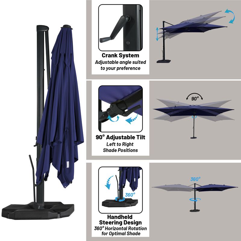 10 ft. 360° Rotation Square Cantilever Patio Umbrella with Base and LED Light in Navy Blue