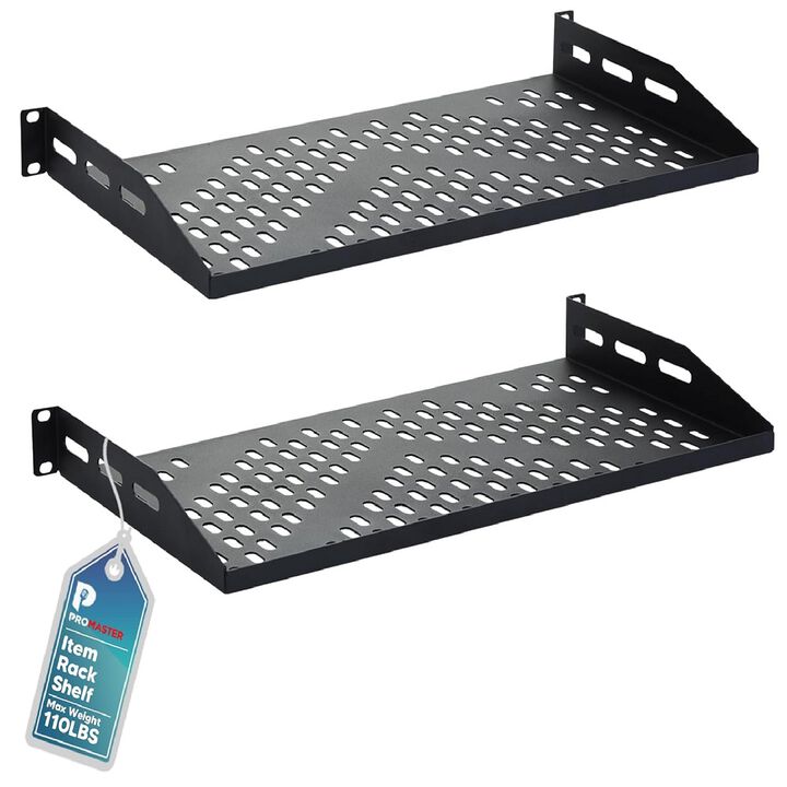 ProMaster Server Vented Shelf - 2-Pack 19 Inches, 10'' Deep, 1U Universal Integration Server Vented Rack Mounting Tray for Good Airflow, Cantilever Mount, Device and Equipment Wall Mounting - Black