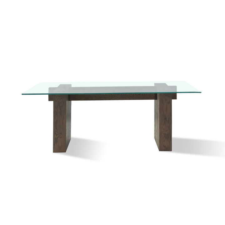 Lan 80 Inch Dining Table, Glass Top, Wood Double Pedestal, 6 Seater, Brown - Benzara