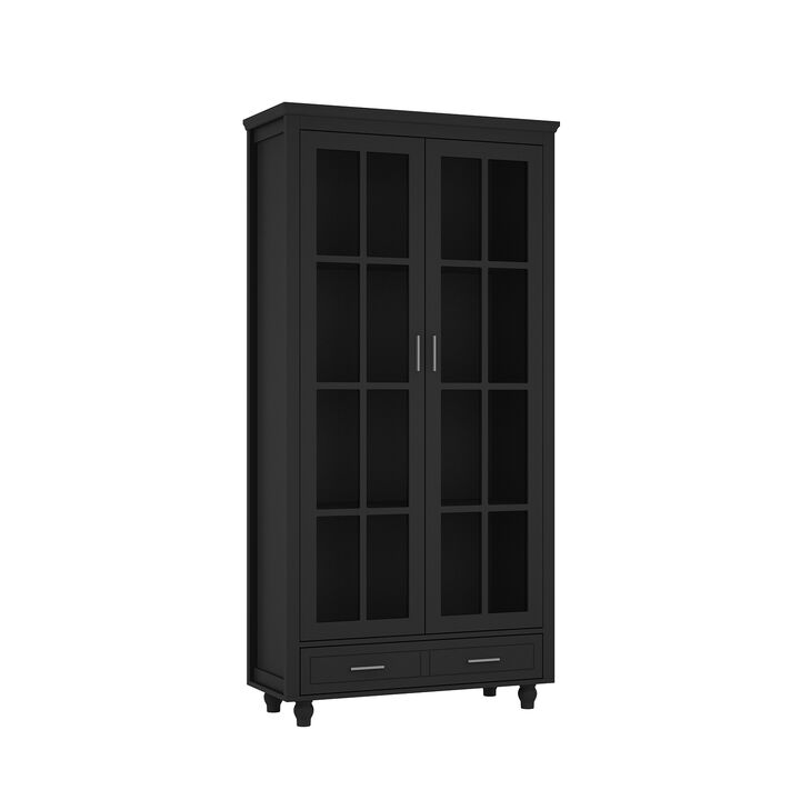 FUFU&GAGA Black Bookcase with Storage & Drawers, P2 MDF & Tempered Glass Construction (70.9" H x 36.2" W x 14.6" D), Black