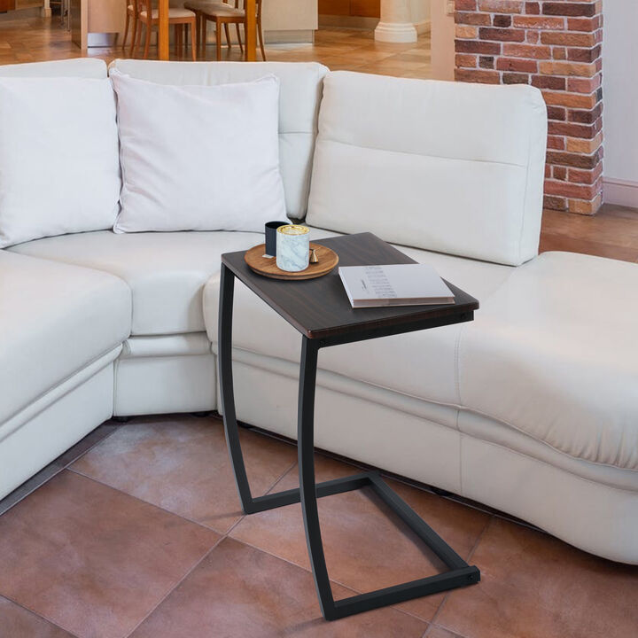 C-Shaped Bedside Table with Metal Frame, Coffee Brown