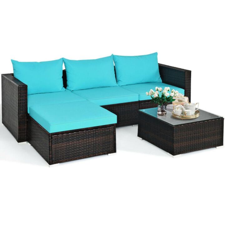 Hivvago 5 Pieces Patio Rattan Sectional Furniture Set with Cushions and Coffee Table
