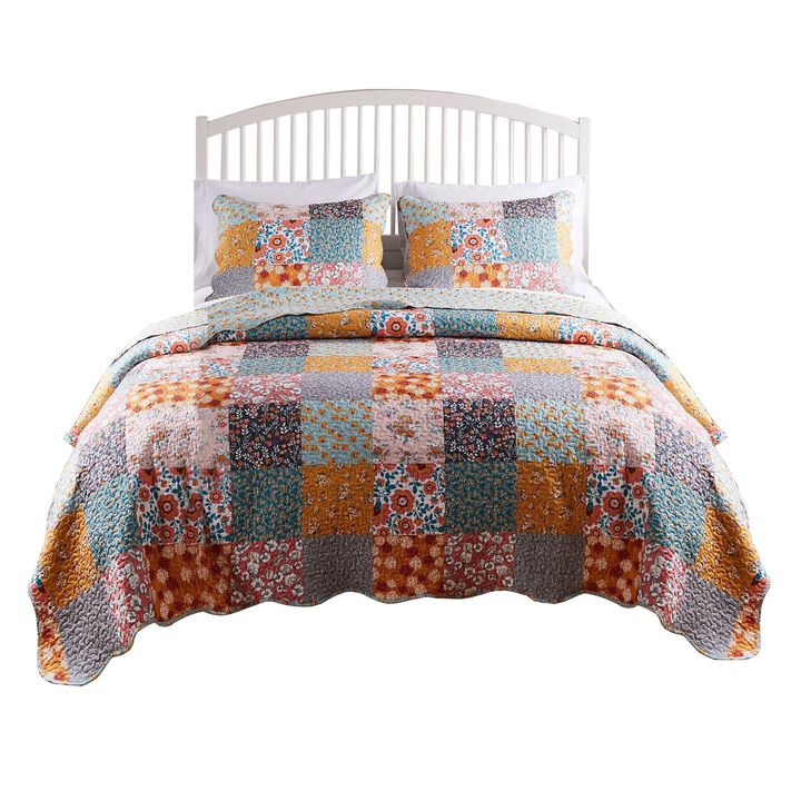 2 Piece Twin Quilt Set with Floral Print, Multicolor - Benzara