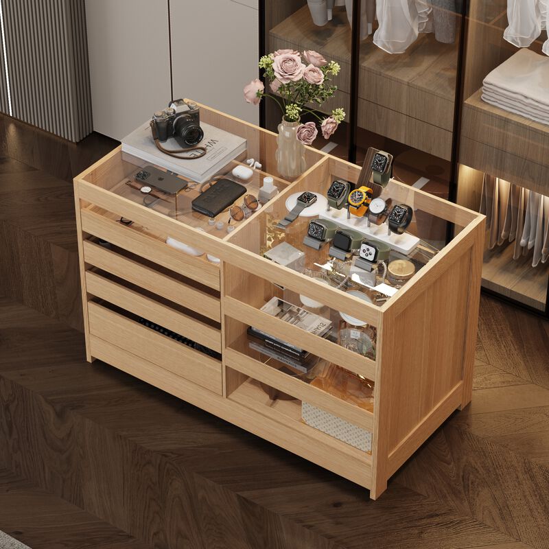 FUFU&GAGA Jewelry Display Island with Tempered Glass Top, Oak Finish (55.1" W x 27.6" D x 35.4" H),Brown