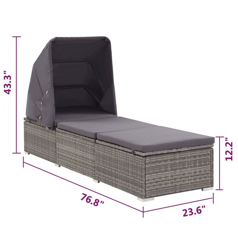 Casey Sun Chaise Lounger with Canopy, Cushion, Gray Rattan, 77 Inch - Benzara