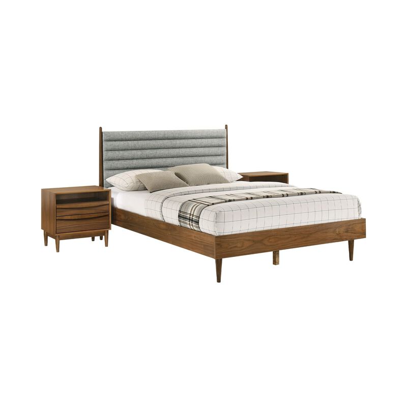 Benjara Mian Bedroom 3 pcs Set, Queen Platform Bed and Nightstand, Walnut, Brown and Gray