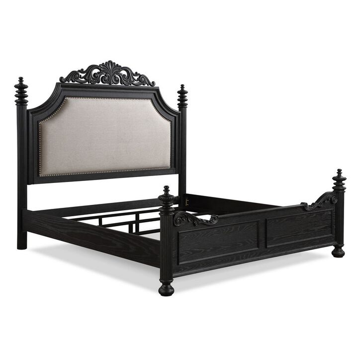 Berry King Size Bed, Scrolled Headboard, Cream Upholstery, Black Wood - Benzara