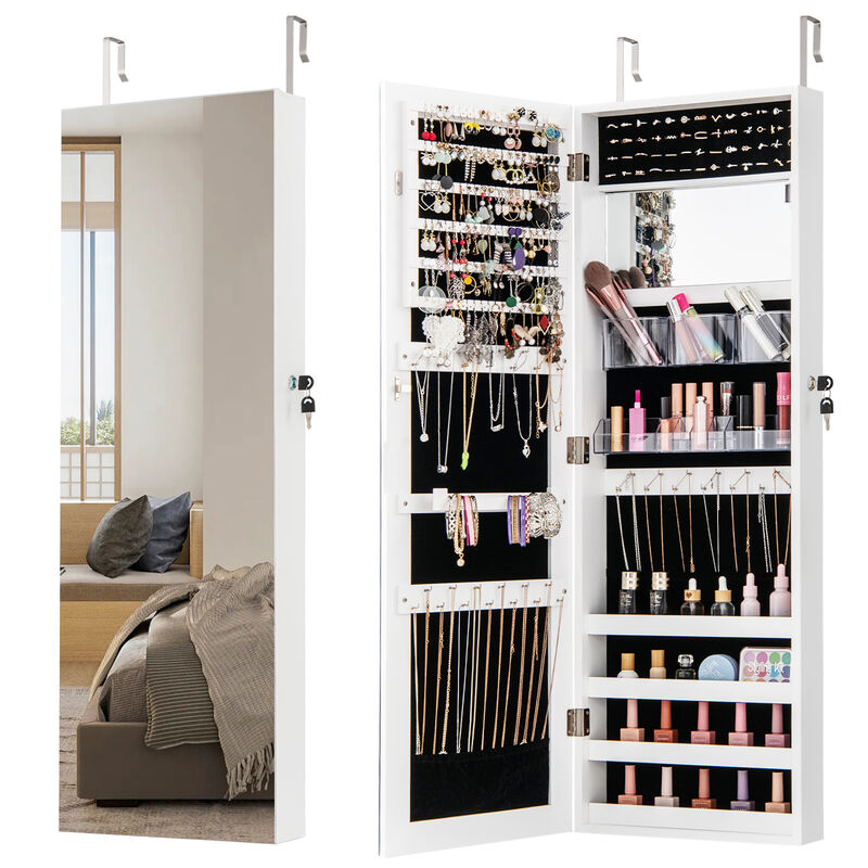 Jewelry Mirror Cabinet with Adjustable Hangers and Storage for Accessories
