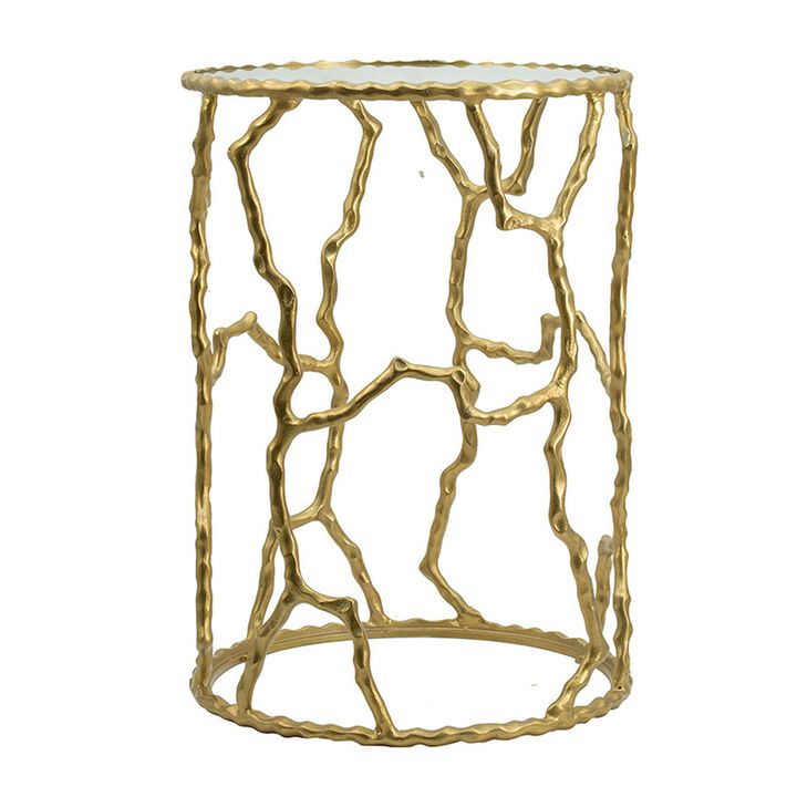 24 Inch Round Accent Table, Intricate Metal Twig Inspired Open Frame, Gold - Benzara