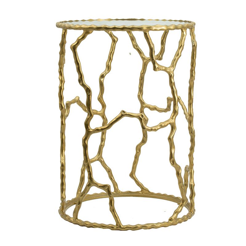 24 Inch Round Accent Table, Intricate Metal Twig Inspired Open Frame, Gold - Benzara