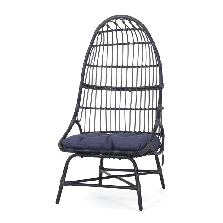Elena Outdoor Chair, Basket Shape, Gray Fabric, Black PE Rattan, Iron - Benzara