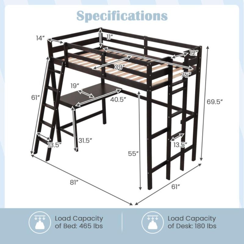 Hivvago Twin Size Loft Bed Frame with Desk Angled and Built-in Ladder