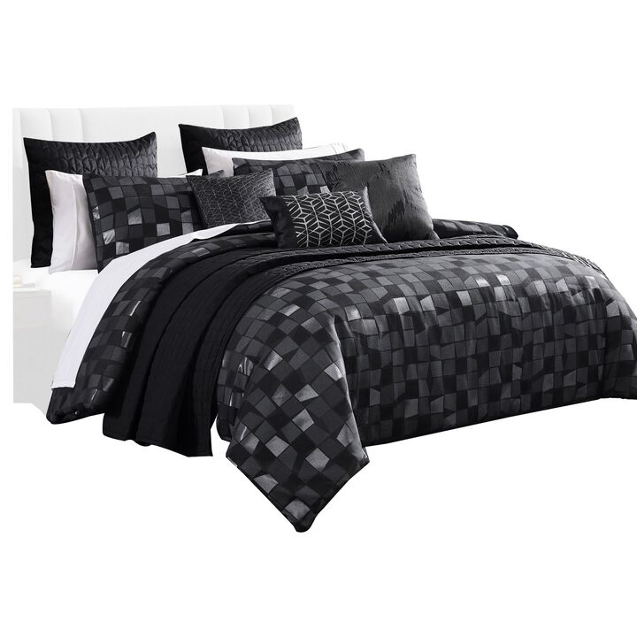Eve 10 Piece King Comforter Set, 3 Pillows, Luxurious Black Woven Jacquard - Benzara
