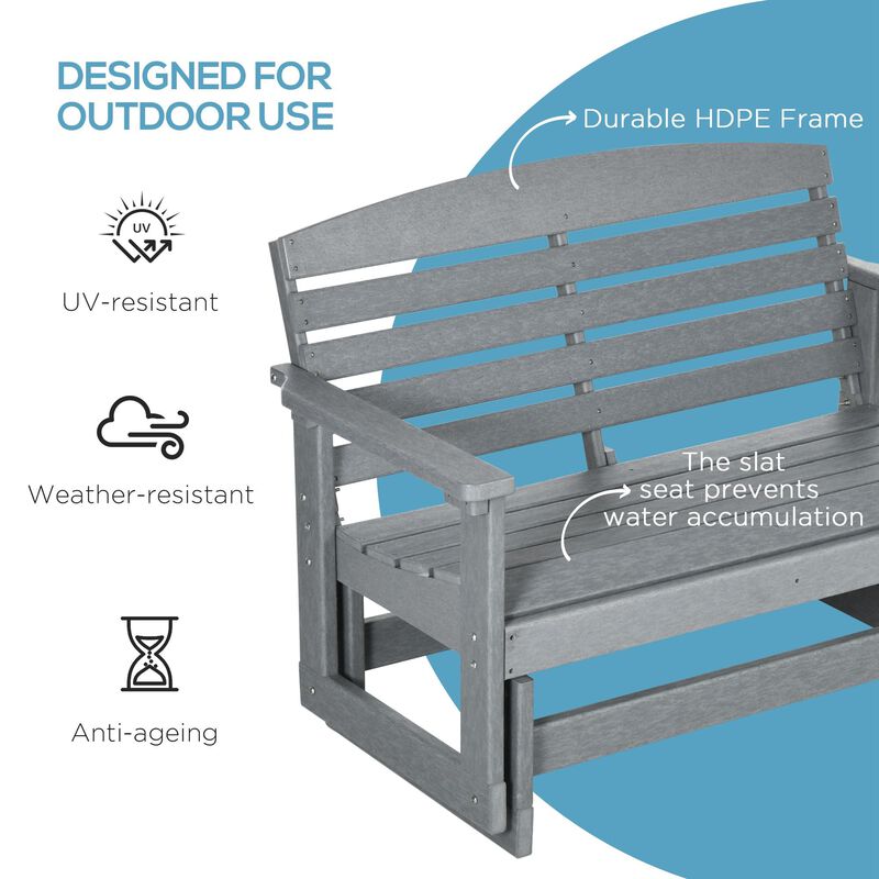 Light Gray Glider Bench: HDPE Slatted Frame Outdoor Loveseat