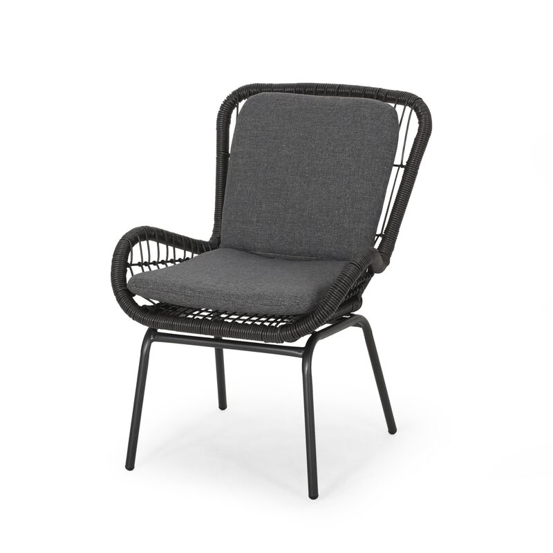 Patio Accent Chair Set of 2, Open Wicker, Round Edge, Black Iron, Gray -Benzara