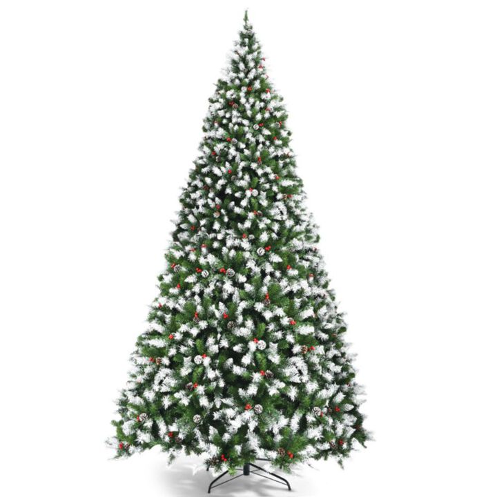 Hivvago 7.5/9 FT Pre-lit Snow Flocked Christmas Tree with Red Berries and 8 Lighting Modes