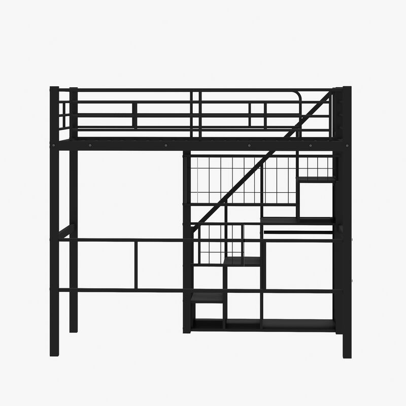 Merax Metal Loft Bed with Storage Staircase and Small Wardrobe