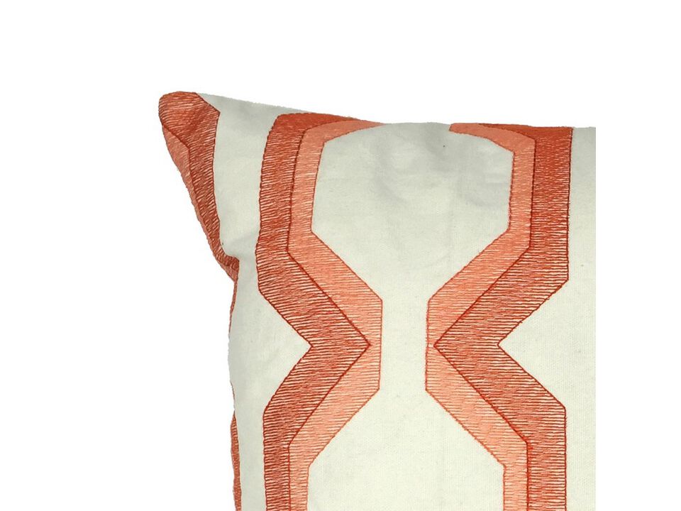 Contemporary Cotton Pillow with Geometric Embroidery, Red and White- Benzara