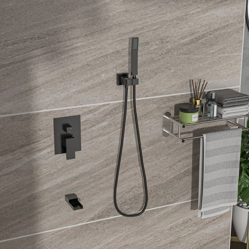 12" Rain Shower Head Systems With Waterfall Tub Spout, Matte, Ceiling Mounted Shower