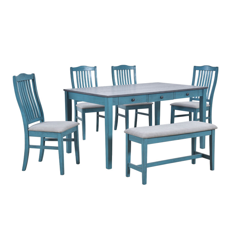 Mid-Century 6-Piece Wood Dining Table Set, Kitchen Table Set With Drawer, Upholstered Chairs