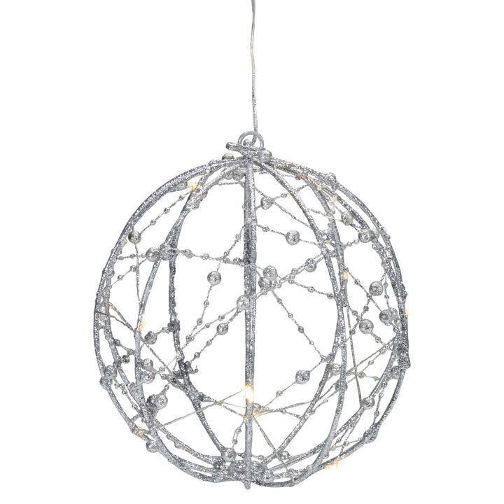 8" LED Lighted Silver Wired Christmas Hanging Ball Decoration - Warm White Lights