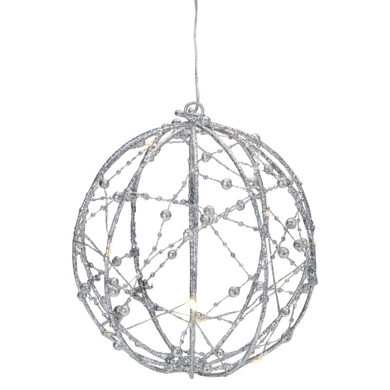 8" LED Lighted Silver Wired Christmas Hanging Ball Decoration - Warm White Lights