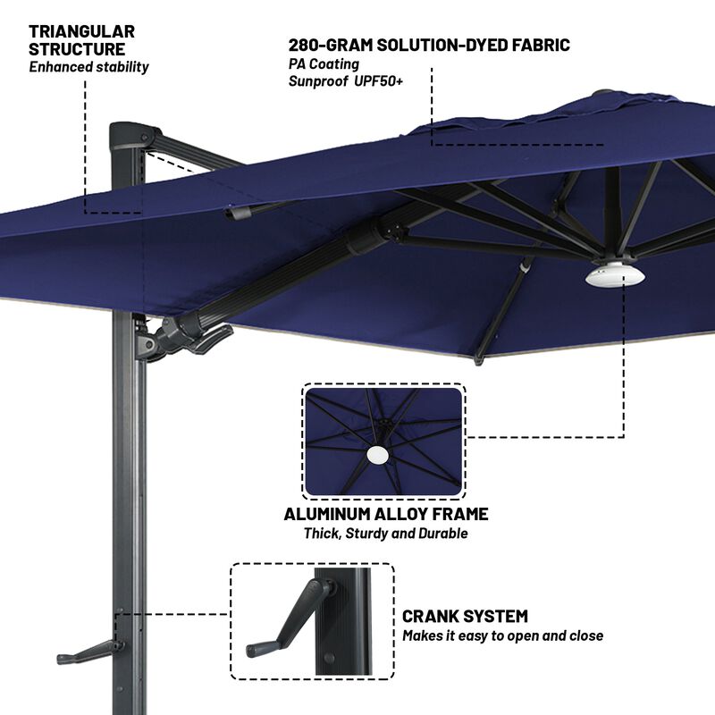 10 ft 360° Rotation Square Cantilever Patio Umbrella with BaseandBT in Navy Blue