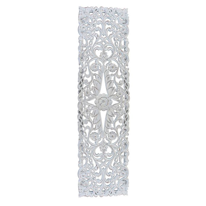 60 Inch Tall Decorative Panel, Carved Floral Vine Design, Mango Wood, White - Benzara