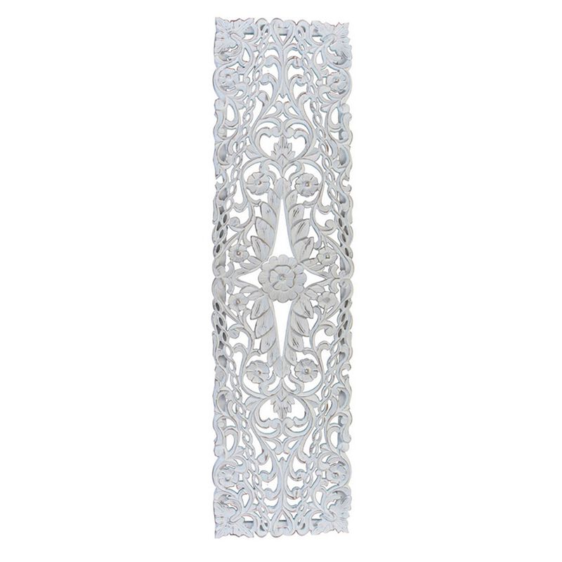 60 Inch Tall Decorative Panel, Carved Floral Vine Design, Mango Wood, White - Benzara