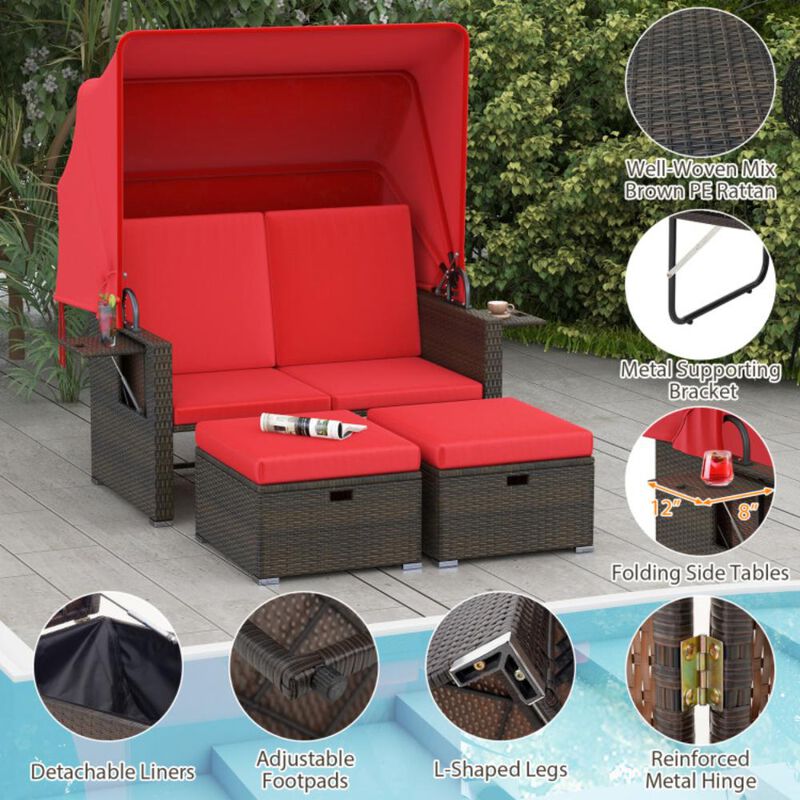 Hivvago Outdoor Patio Rattan Daybed with Retractable Canopy and Adjustable Backrests