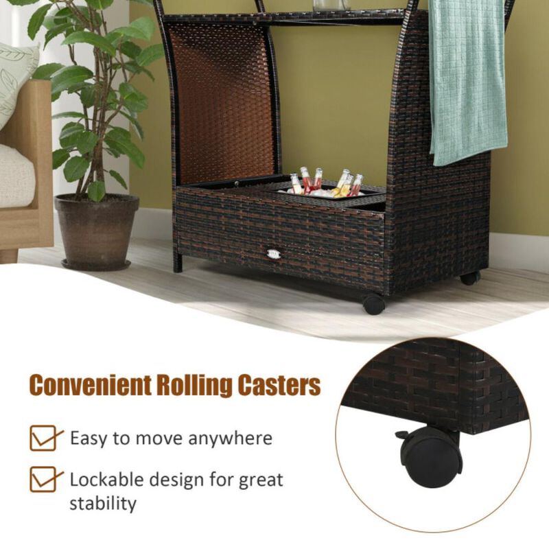 Hivvago Patio Rattan Bar Serving Cart with Glass Top and Handle