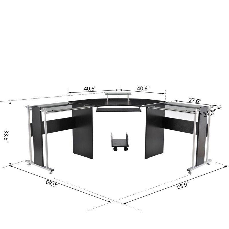 Black Glass Workstation: 69" L-Shaped Desk with Monitor Stand & Keyboard Tray