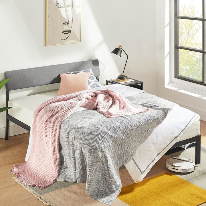 Hivvago Queen Size Grey Soft Fabric Metal Headboard Platform Bed Wooden Slats